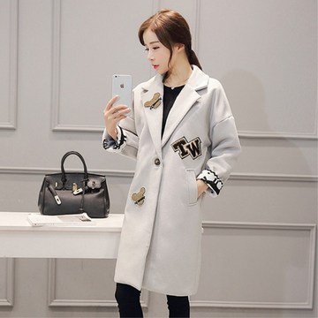 2016冬季新款韩版修身显瘦呢子大衣女中长款茧型贴布羊绒学生外套