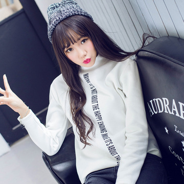 韩版学生2015秋冬新款上衣 简约字母印花卫衣 高领加厚抓绒女装潮