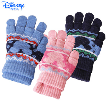 迪士尼冬款儿童手套五指保暖手套男女童宝宝两用五指全指针织手套