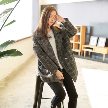 2015韩国东大门女装秋冬装新款双排扣长袖格纹毛呢宽松外套