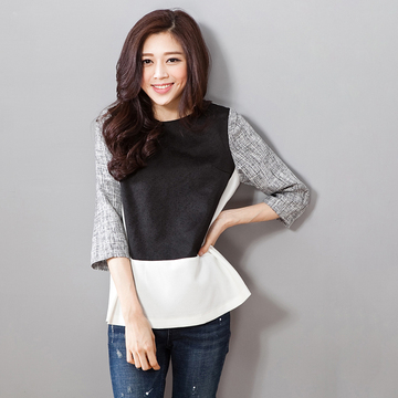 韓國正品2014新款韩版荷葉邊下擺長袖上衣百搭修身撞色打底衫女款