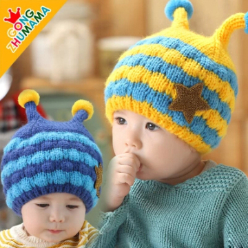 韩版新款男女儿童帽子秋冬毛线帽公主妈妈小蜜蜂五星触角毛线帽子