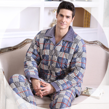 冬季男士新款睡衣长袖加厚水貂绒夹棉男人睡衣保暖格子家居服套装