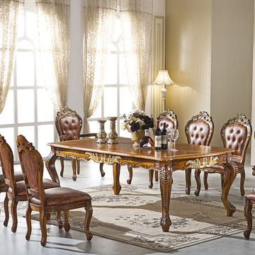 欧式餐桌椅组合6人长方形美式复古实木饭桌仿古全橡木大理石餐桌