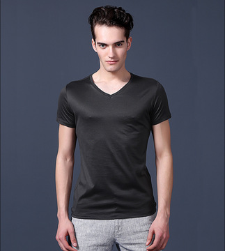 2016夏季新款高端男士V领欧美风休闲双丝光半袖品质T恤 男