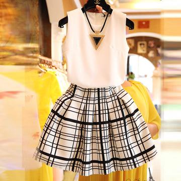 女装欧洲站夏装2015新款韩版圆领格子两件套套装裙连衣裙