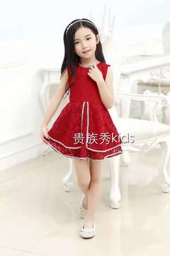 2016贵族秀女童夏装连衣裙红色蕾丝裙子儿童公主裙亲子装母女装
