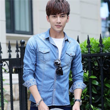 男士新款韩版牛仔长袖衬衫青年学生装牛仔衬衣上衣男