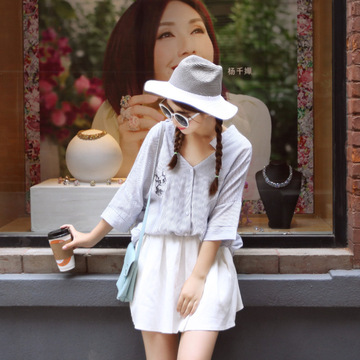 夏季韩版休闲女装半袖宽松条纹刺绣单排扣衬衫女衬衣上衣