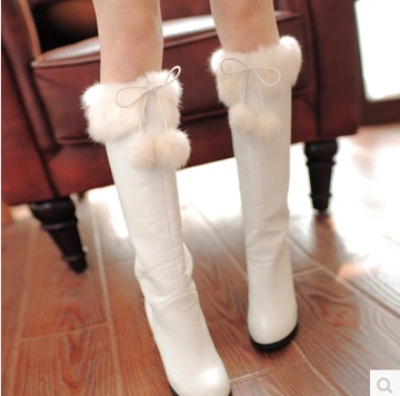 2015秋冬新款日系公主兔毛球球加绒粗高跟高筒长靴