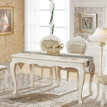 武汉简约欧式餐桌椅组合家用烤漆白色现代雕花实木饭桌西餐桌家具