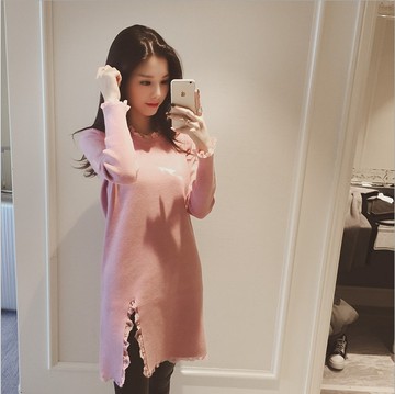 韩国代购2015冬装韩国新款圆领纯色显瘦蕾丝拼接开叉针织连衣裙女