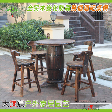 新款户外庭院露台桌椅碳化防腐木茶室高脚酒吧桌鼓桶吧桌吧椅吧凳