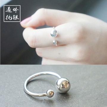 韩版明星同款个性925纯银珍珠戒指圆珠开口光面戒指饰品可调节女