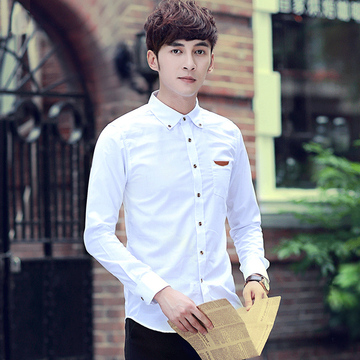 秋季韩版白色男士长袖衬衫青年纯色职业西装打底衫潮商务修身衬衣