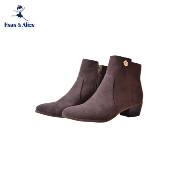 2015冬款女靴Hanalice小王子牛反绒磨砂皮中跟真皮短靴（棕色）
