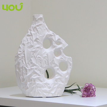 欧式现代简约工艺品褶皱陶瓷干花插花花瓶客厅摆件创意家居装饰品