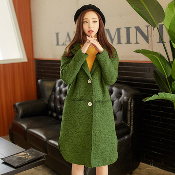 2015韩国东大门女装秋冬装新款长袖单排扣插袋长款毛呢外套