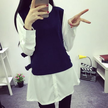 2015秋装新款韩版假两件套女衬衫长袖中长款白衬衣修身上衣女学生