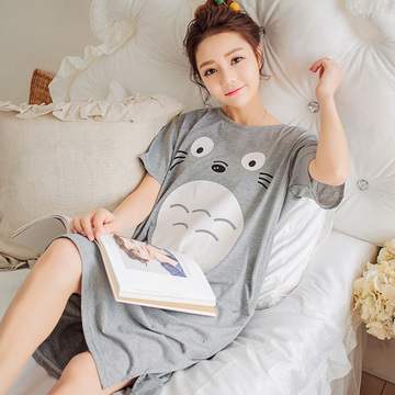 夏季韩版女士纯棉中长短袖睡裙睡衣可爱卡通龙猫加大码学生家居服