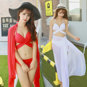 韩国性感比基尼泳衣女黑红色小胸钢托聚拢大码罩衫三件套温泉泳装
