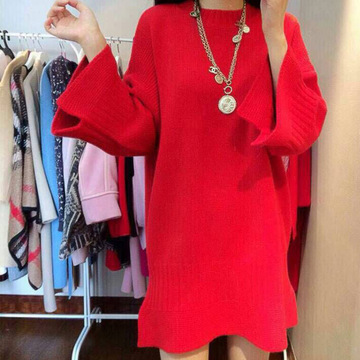 韩国东大门2015秋冬季喇叭袖中长款红色毛衣女装宽松针织连衣裙