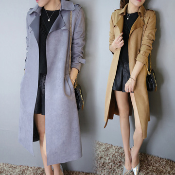 2015秋装新款韩版女士气质中长款修身显瘦薄鹿皮绒风衣女外套潮