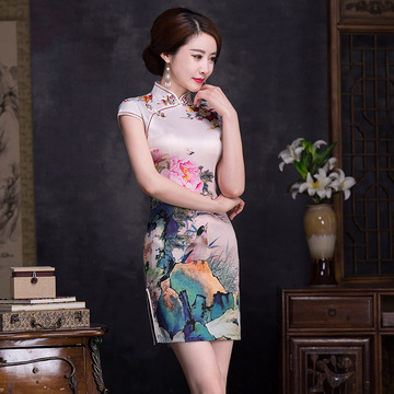 性感旗袍裙女立领短袖韩版印花套头显瘦包臀中式改良时尚连衣裙夏