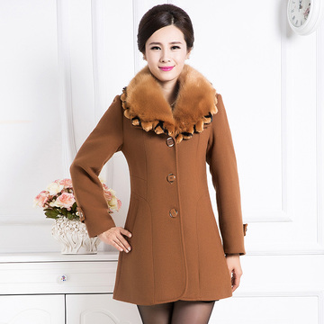2014秋冬新款中长款修身呢子大衣羊绒韩版中年女装外套带毛领大码