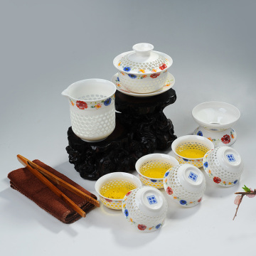 整套青花薄胎白瓷玲珑镂空功夫茶具套装镂空蜂窝陶瓷茶具茶杯特价