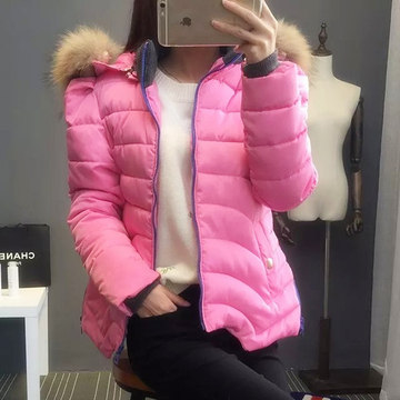 素檬 2015冬季新款韩版大毛领彩色拉链个性口袋百搭休闲棉衣棉服