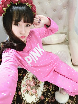 2015秋冬季韩版女士pink睡衣纯棉质长袖长裤冬天可爱家居服套装