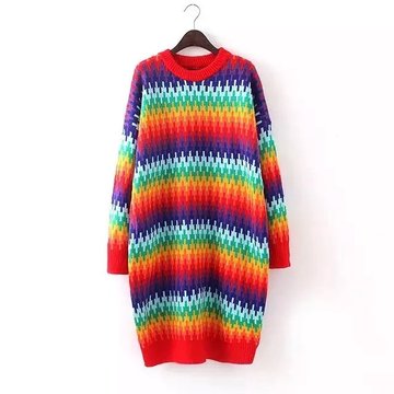 2015女装韩版撞色冬季打底条纹彩色彩虹针织衫中长款时尚毛衣新款