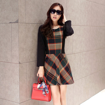 2015韩版新款女装修身秋冬装格子毛呢拼接长袖连衣裙打底裙