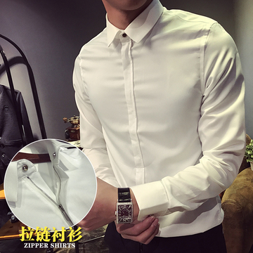 男士韩版修身纯色长袖衬衣秋季青年英伦休闲商务薄款衬衫