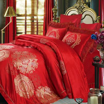 欧式婚庆四/六件套结婚床上用品纯棉蕾丝奢华红色床盖1.8M/2米床