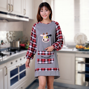 纯棉长袖围裙女韩版时尚卡通可爱成人罩衣厨房做饭带袖反穿衣包邮