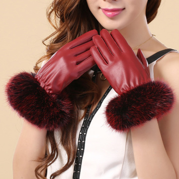 曼查斯特皮手套女冬仿狐狸毛加绒加厚保暖可爱时尚薄款触摸屏手套