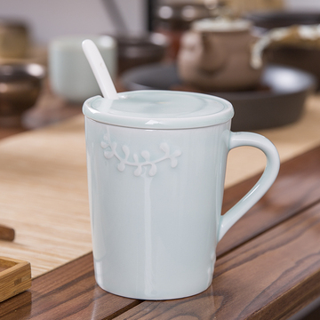 千度尚品龙泉青瓷陶瓷杯子 时尚 创意马克杯咖啡杯 水杯带盖带勺