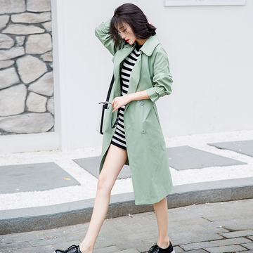 2016新款秋装韩版修身大码潮中长款大衣双排扣外套女式纯色风衣