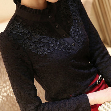 2015韩国代购秋冬新款女装加绒加厚蕾丝打底衫修身长袖上衣小衫潮