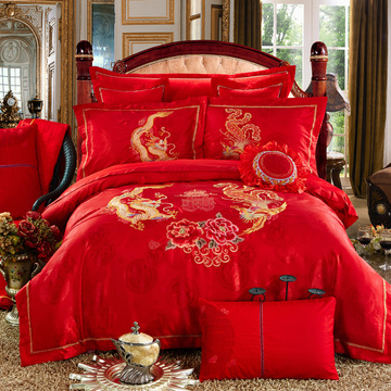 大红色刺绣婚庆四件套结婚床上用品十件套婚庆床品新婚六八件套
