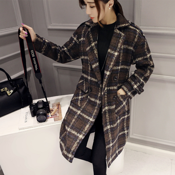 2015冬新款韩版中长款格子加棉呢外套女宽松系带呢大衣P140