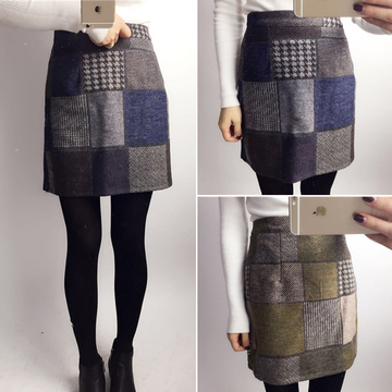 2015年冬季韩版新款女A字型复古拼色高腰包臀半身短裙打底裙时尚