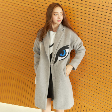 2015韩国东大门女装秋冬季新款大牌刺绣长袖长款毛呢大衣外套