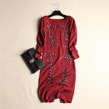 2015秋季女装新款 时尚圆领针织长袖修身优雅连衣裙