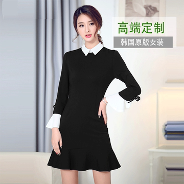 韩版高端定制2015新款秋冬季修身小黑裙连衣裙时尚女长袖大码短裙