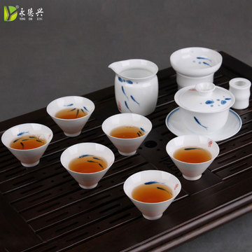 台湾薄胎白瓷青花青瓷 手绘功夫盖碗茶具套装 陶瓷鱼杯茶具包邮