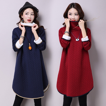 2015冬季女装韩版大码气质中长款高领加厚打底裙修身羊羔毛连衣裙