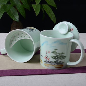 良工青瓷手绘办公室茶杯陶瓷水杯 茶具办公室茶杯 带盖礼品杯包邮